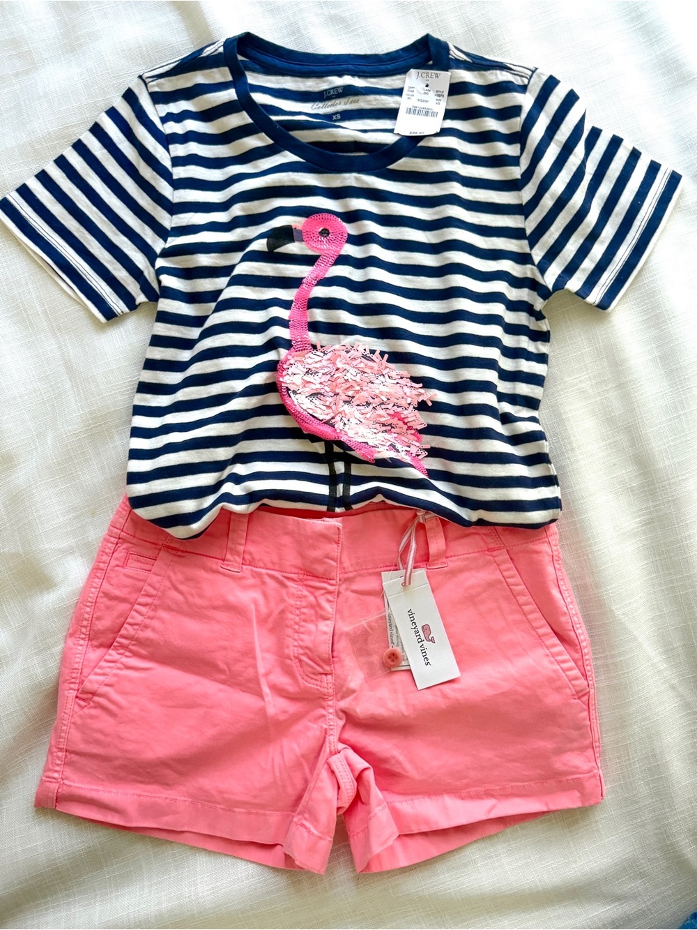 Women J.Crew Navy&white striped tee w/ pink flamingo &Pink Vineyard Vines shorts